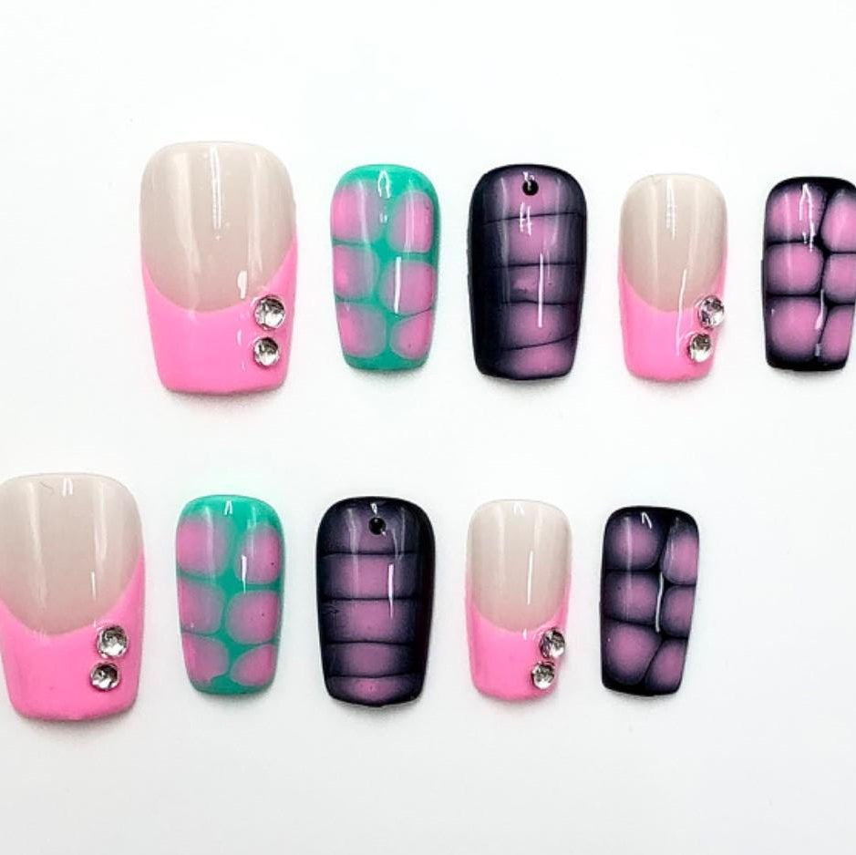 Retro Grid & Pop Dot Press-On Nails – Pink Gray Teal with Rhinestone Accents Manicure glue on artificial fake faux reusable trendy nail