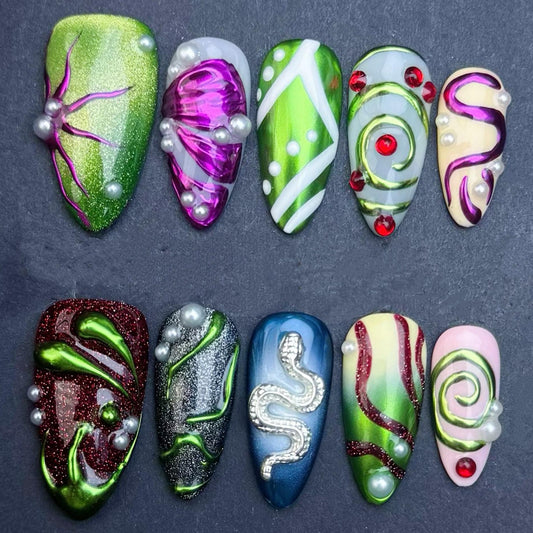 Alien Swirl Fantasy Nails – Metallic Neon Press-On Set with Pearls & Gems Artificial reusable fake glue on faux manicure nails trendy art