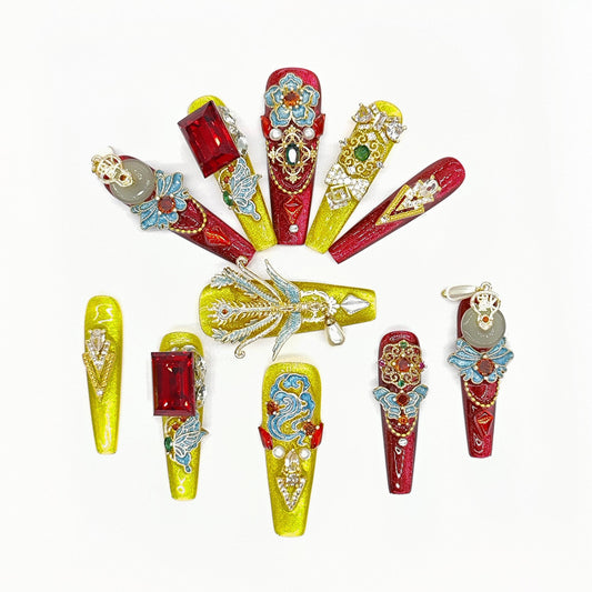 Luxury Hand-Painted Press-On Nails – Red Yellow Dragon Design with 3D Charms, Gemstones & Eastern-Inspired Art – Chinese New Year