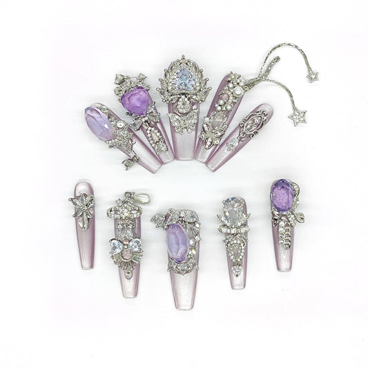 Lavender Gemstone Press-On Hand Painted Nails – 3D Crystals, Pearls and Glitter Accents – Luxe Handmade Nails for Bridal, Prom, Glam Events