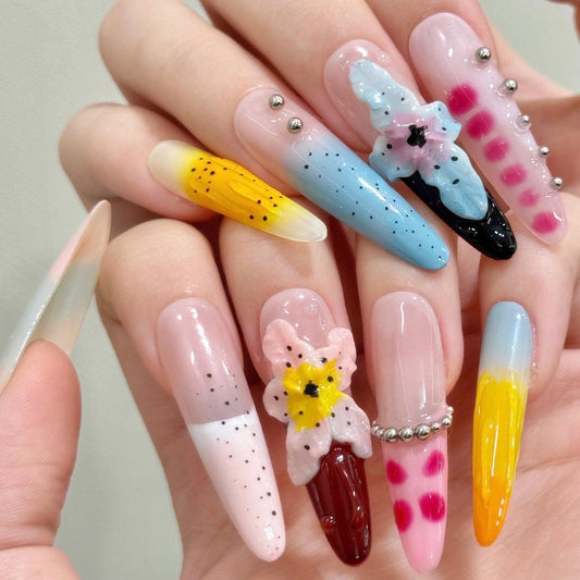 Color Pop 3D Floral Press-On Nails – Ombre & Speckle Art Set Artificial reusable fake glue on faux manicure nails trendy art