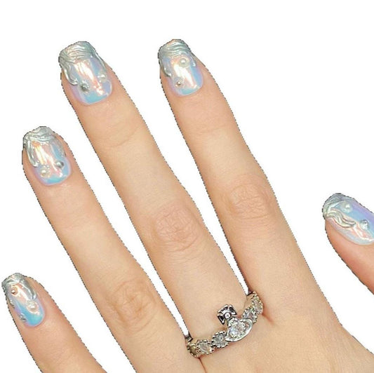 Iridescent Pearl Chrome Press-On Nails – Sculpted Jelly Wave Design Artificial reusable fake glue on faux manicure nails trendy art