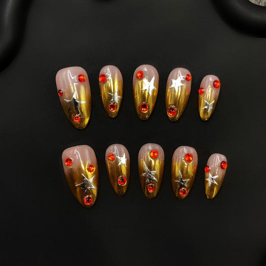 Gold Chrome Star Nails Red Gem Press On Nails Holiday Glam Nails Gold & Red Nail Art Luxury Press Ons Rock Kiss Stiletto Christmas new years
