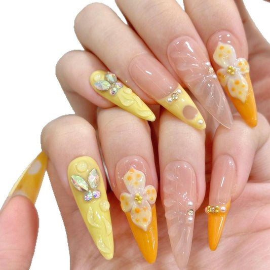 Butterfly Garden Press-On Nails in Citrus Tones Artificial reusable fake glue on faux manicure nails trendy art