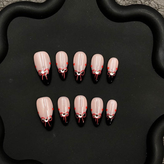 cute bow nails nude black medium girly elegant valentine's red french tip medium rhinestone red ribbon art charming press on nail art almond