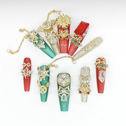 Luxury 3D Christmas Press-On Nails – Red & Green Glitter Coffin Nails with Gold Rhinestones, Holiday Bling Nail Art Set