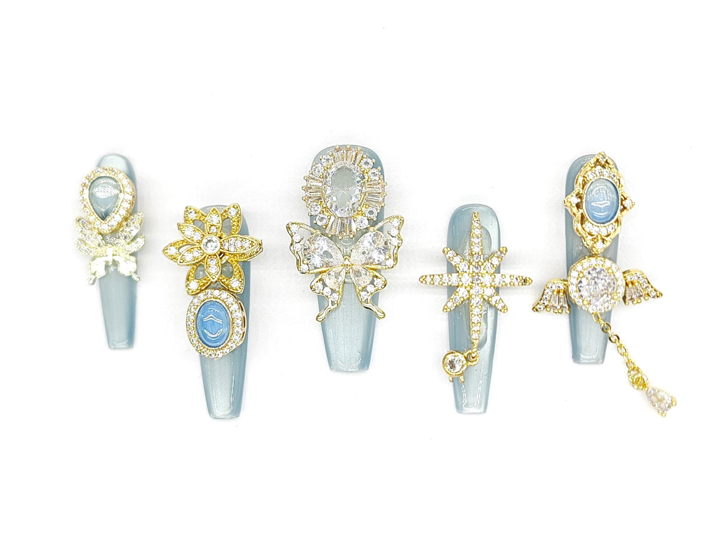 Dreamy Luxury Blue Cameo Press-On Nails – Elegant 3D Rhinestone Nails with Gold Charms, Butterfly & Star Design, Handmade Glam Nail Art Set