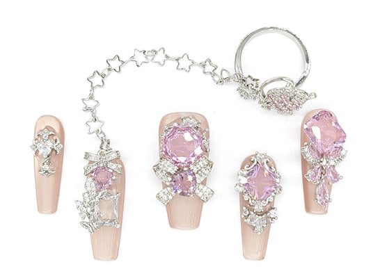 Celestial Pink Gemstone Press-On Nails – Nude and Silver 3D Bling Set with Crystals, Stars, Charms & Princess Core Sparkle