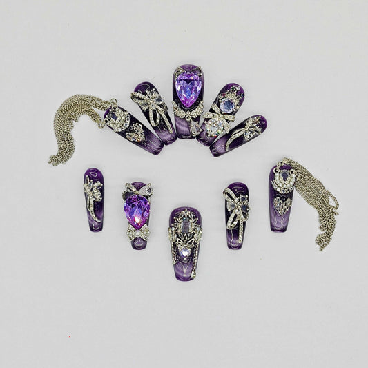 Glamorous Royal Purple Rhinestone Press-On Nails with Intricate Silver Embellishments Chains