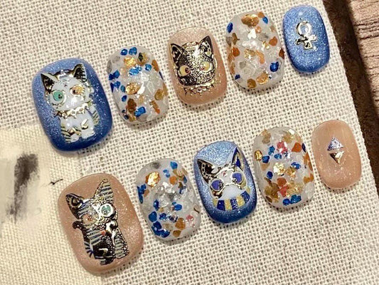 Whimsical Cat Print Press-On Nails with Blue, Gold, and Glitter Accents, Short Square Egyptian
