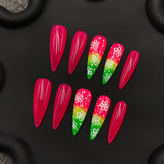 Tropical Bloom Stiletto Nails fun bold tropical vibe ombre summer bright colorful white flower island inspired feel hot pink fierce electric