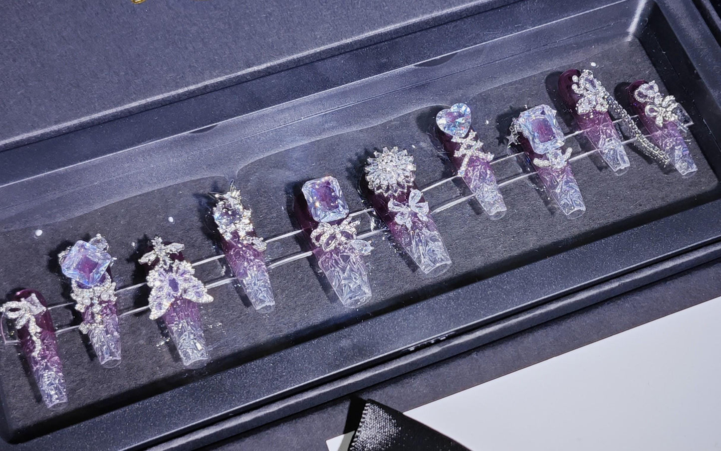 Luxury Plum Ombre Crystal Press On Nails – Purple and Clear 3D Rhinestone Nail Set with Butterfly, Heart & Bow Charms