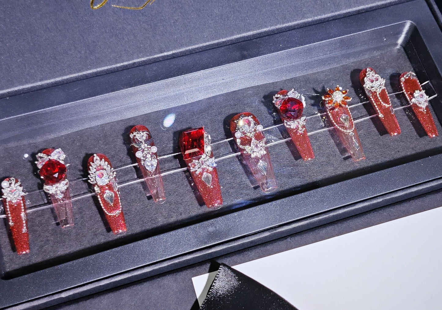 Royal Red Crystal Press On Nails – Handcrafted Glitter Ombre Nails with 3D Gemstones, Pearls & Luxe Charms