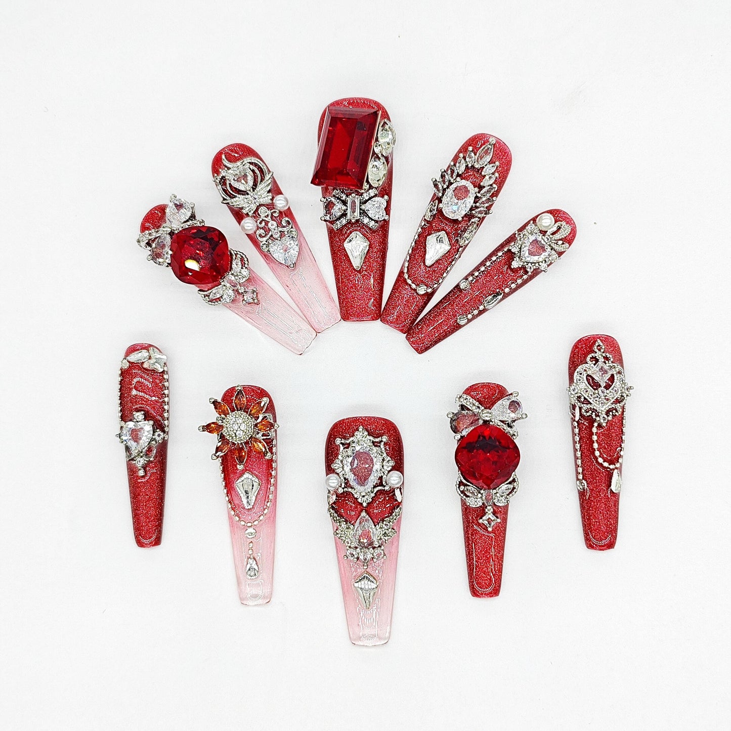 Royal Red Crystal Press On Nails – Handcrafted Glitter Ombre Nails with 3D Gemstones, Pearls & Luxe Charms
