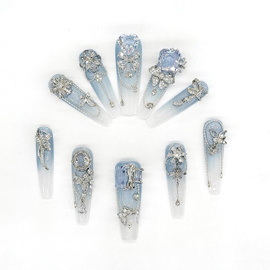 Winter Blue Press On Nails – Luxury Glitter Ombre Nails with 3D Crystals, Charms & Chains – Elegant Frozen  Glam Nail Set