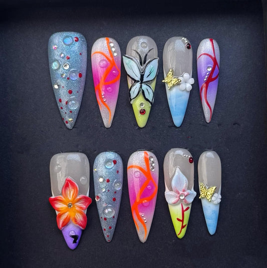 Butterfly Neon Swirl Press On Nails 3D Flower Stiletto Glitter Ombre Nail Art Set Manicure glue on artificial fake faux reusable trendy nail