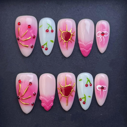 Cherry Heart Pink Press On Nails Sweet Girly Art Broken Heart Design Cute Almond Manicure glue on artificial fake faux reusable trendy nail