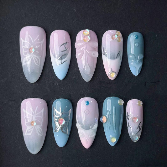 Pastel Blue and Pink Butterfly Press On Nails Dreamy Ombre Glitter Rhinestone Set Manicure glue on artificial fake faux reusable trendy nail