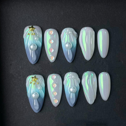 Iridescent Seashell Mermaid Press On Nails with Pearls and Star Charms Artificial reusable fake glue on faux manicure nails trendy art