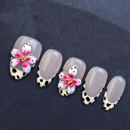 Leopard French Tip Press On Nails with 3D Flowers and Nude Base Artificial reusable fake glue on faux manicure nails trendy art