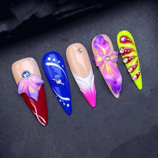 Bright Floral Stiletto Press On Nails with Rhinestones and Color Pop Design Artificial reusable fake glue on faux manicure nails trendy art