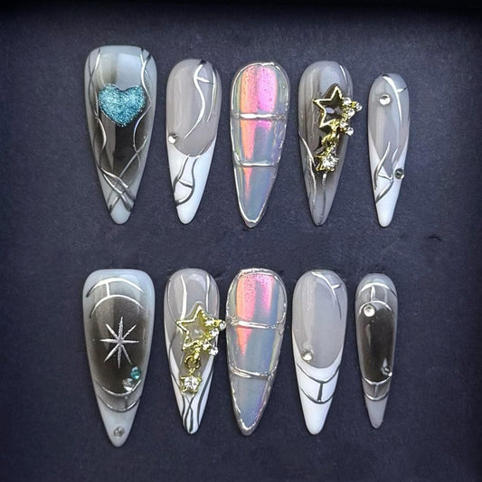 Chrome Galaxy Press On Nails with Stars Hearts and Silver Line Art Artificial reusable fake glue on faux manicure nails trendy art