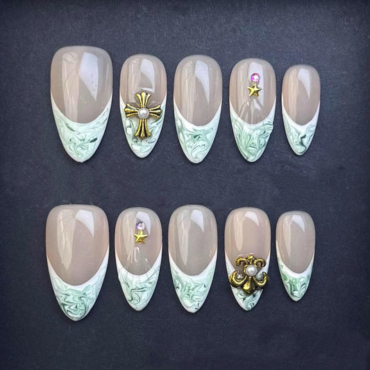 Sage Marble French Tip Press On Nails with Gold Charms and Nude Base