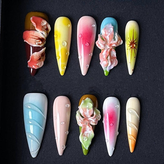 Tropical Bloom Press On Nails with 3D Flowers and Gradient Rainbow Tips Artificial reusable fake glue on faux manicure nails trendy art