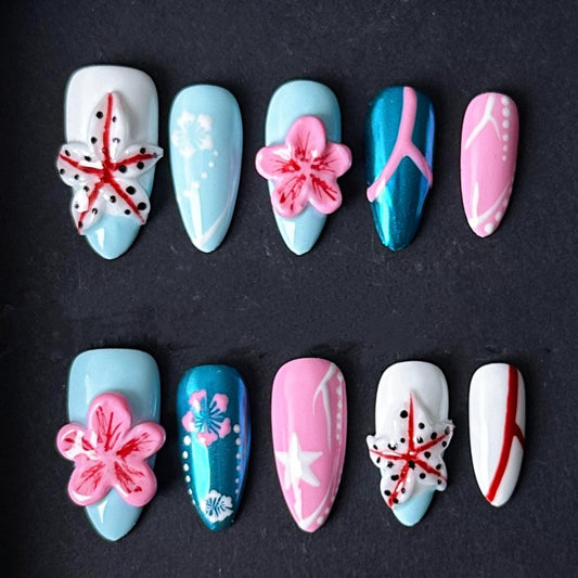 Beach Day Press On Nails with Starfish and Tropical Flowers Artificial reusable fake glue on faux manicure nails trendy art