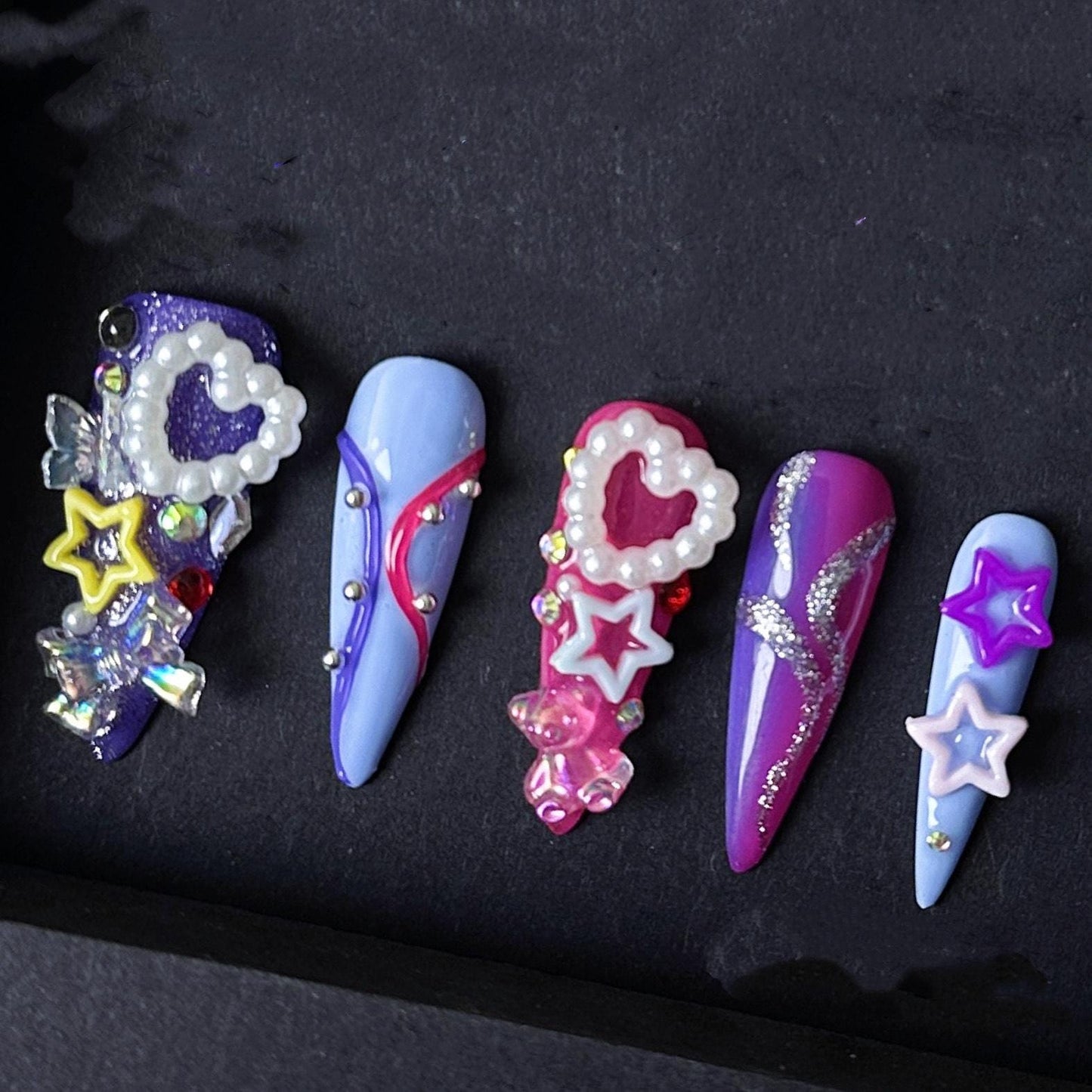 Kawaii Purple and Pink Star Heart Press On Nails With Pearls and Glitter Manicure glue on artificial fake faux reusable trendy nail