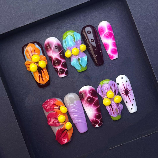 Abstract Jelly 3D Press On Nails With Neon Dots And Airbrush Art Manicure glue on artificial fake faux reusable trendy nail