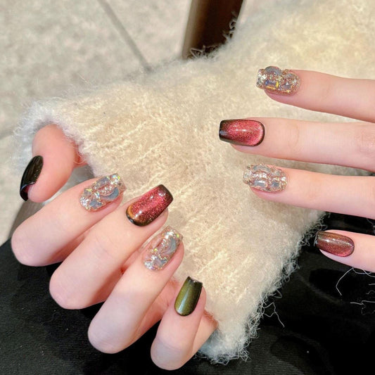 Chrome Cat Eye and 3D Crystal Glitter Press On Nails Manicure glue on artificial fake faux reusable trendy nail art