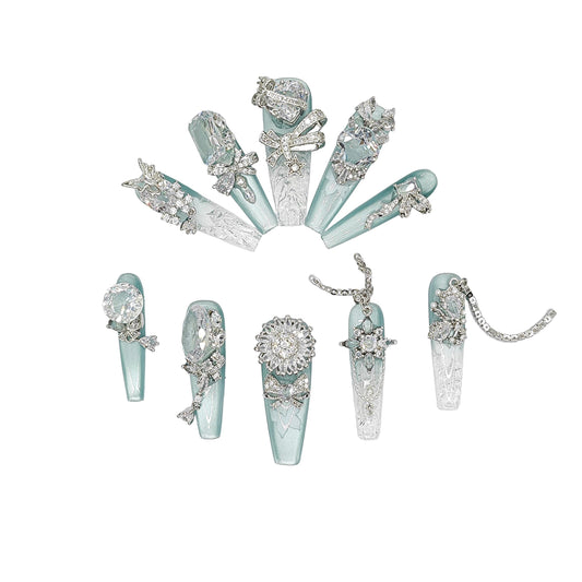 Icy Mint Press-On Nails | 3D Crystal Nails with Charms & Bows | Winter Fairycore Nails | Reusable Luxury Nail Set