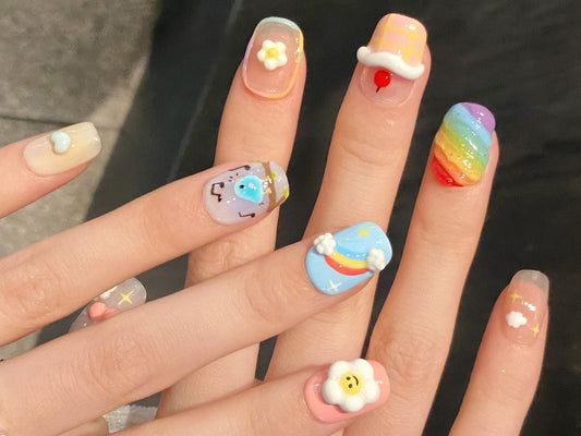 cute 3d nail art press on glue on artificial rainbow kawaii cartoon pastel cherry flower dessert spring summer colorful y2k happy hand paint