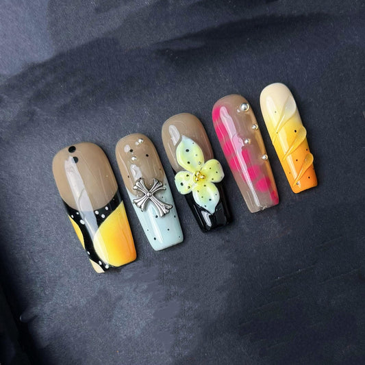 Tropical Sunset Floral Cross Nail Art Set Manicure glue on artificial fake faux reusable trendy nails
