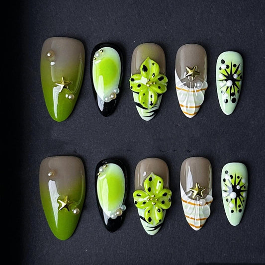 Lime Green Jungle Flower Press On Nails Manicure glue on artificial fake faux reusable trendy nail tropical nail art