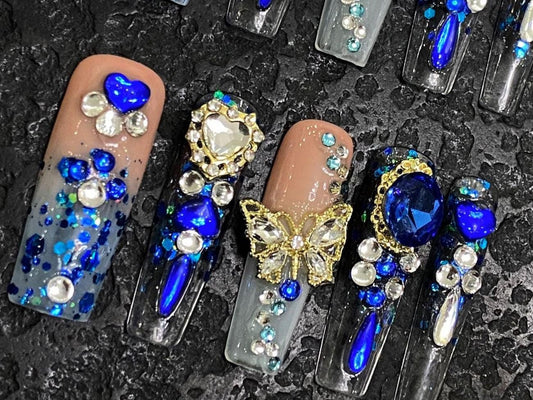 Royal Blue 3D Crystal Press-On Nails  Butterfly & Heart Gem Accent | Luxe Glam Rhinestone Nail Set glue on faux glittery ombre artificial