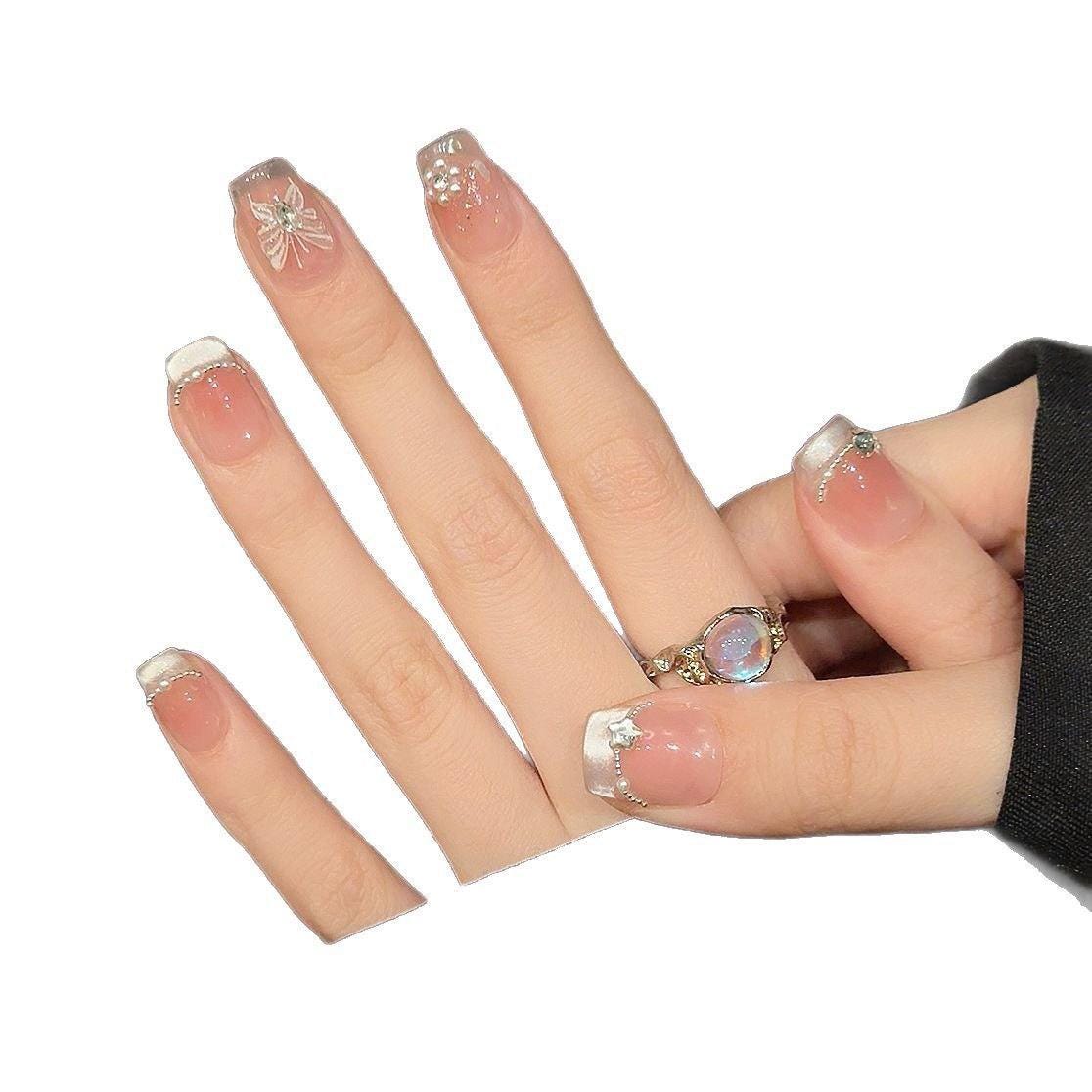 Ultra Feminine Blush Pink Short Press-On Nails | Pearl & Bow Design | Kawaii Bridal Nails | Reusable Elegant Nail Set