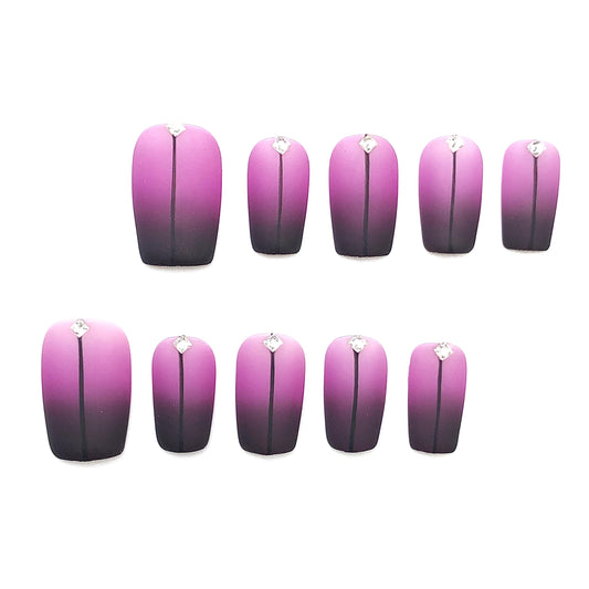 Matte Purple Ombre Press On Nails Short Square with Rhinestone Accent & Black Line Detail classy nails gradient nails chic nails formal nail