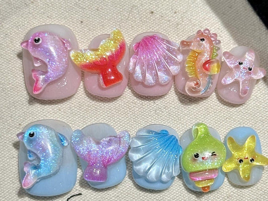 Under the Sea Kids Press-On Nails | 3D Ocean Animal Nail Set with Dolphins, Shells & Starfish | Cute Reusable Child Nails