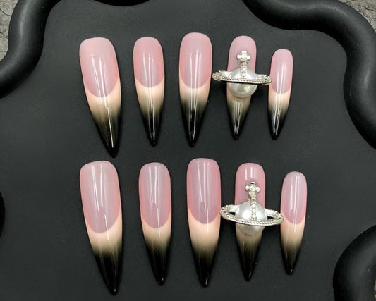 Black Ombre French Tip Press On Nails with 3D Planet Charm Long Stiletto Nails Nude Black Nails Galaxy Nails Long Nails Planet Charm Nails
