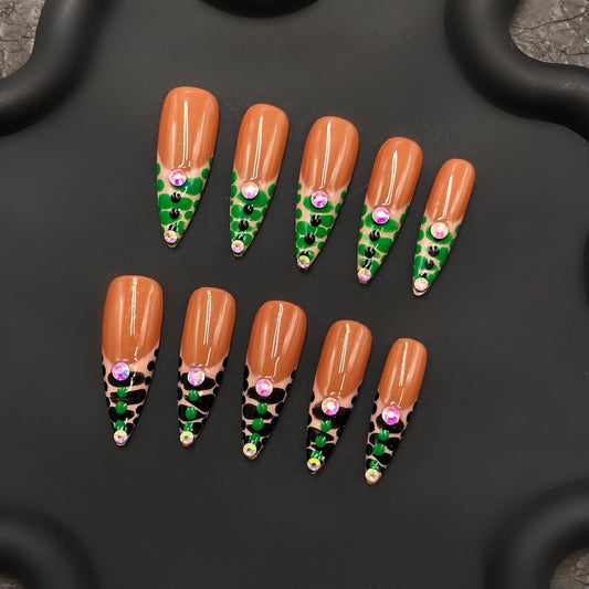 Green Croc Print Press On Nails Long Stiletto Nails with Rhinestones Jungle Nails Reptile Nails Animal Print Nails Safari Nails Brown Nails