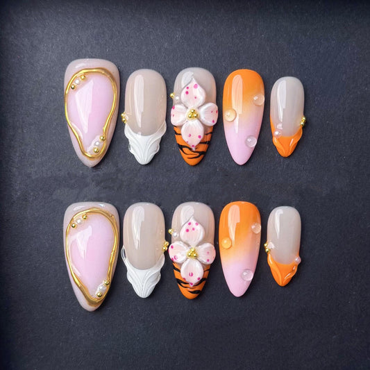 Tiger Blossom Glow Press On Nails Manicure press on artificial glue on faux reusable trendy nail