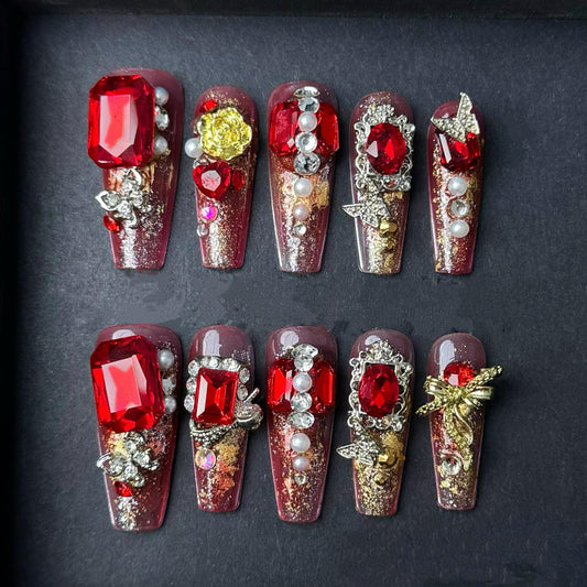 Royal Ruby Treasure Press On Nails Manicure press on artificial glue on faux reusable trendy nail 3D embellished