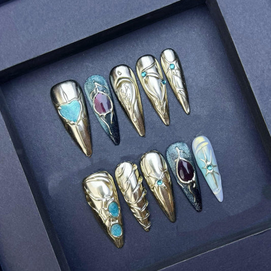 Gold Chrome Fantasy Press On Nails with Gemstone and Metallic Accents Manicure press on artificial glue on faux reusable trendy nail