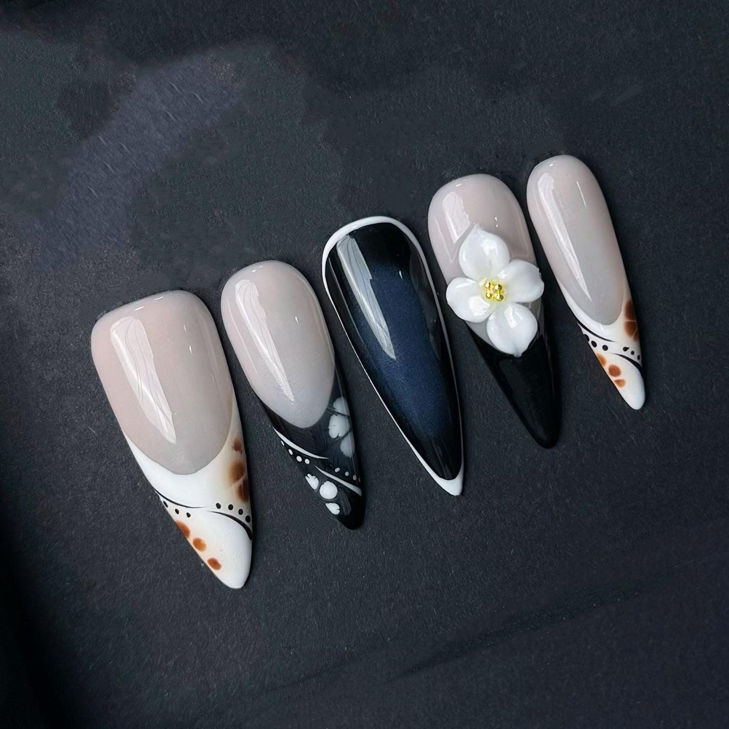 Black and White Floral Press On Nails with Elegant Dot and Line Accents Manicure press on artificial glue on faux reusable trendy nail