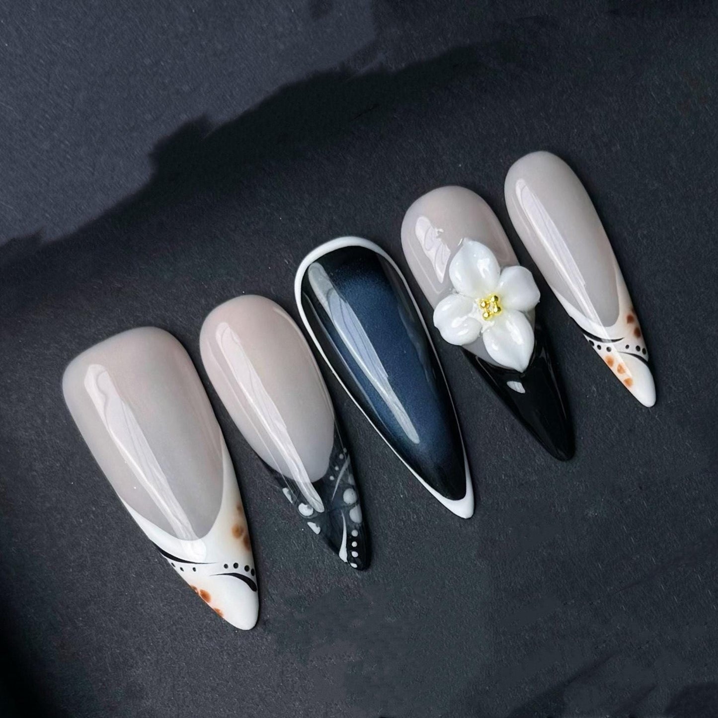 Black and White Floral Press On Nails with Elegant Dot and Line Accents Manicure press on artificial glue on faux reusable trendy nail