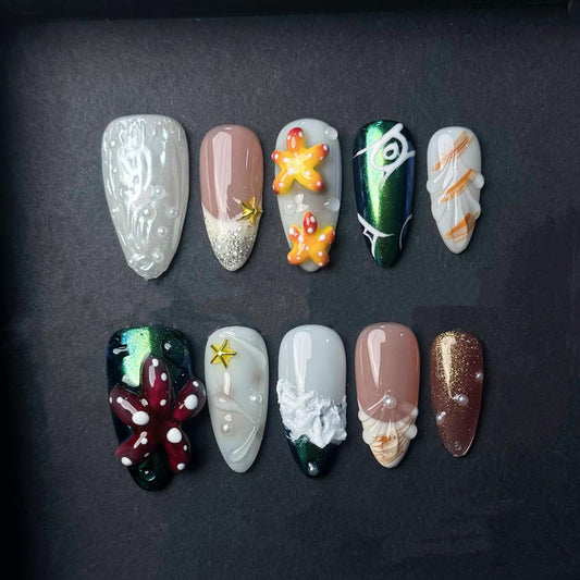 Ocean Fantasy Press On Nails with Starfish Pearls and Beach Designs Manicure press on artificial glue on faux reusable trendy nail