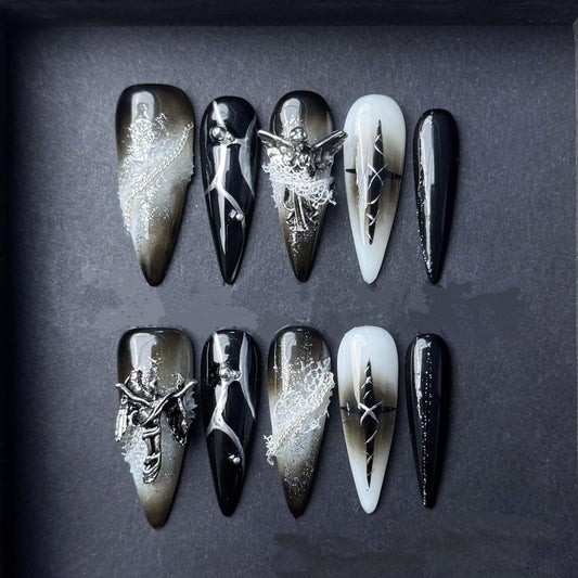 Gothic Black and White Ombre Press On Nails with Chains and 3D Details Manicure press on artificial glue on faux reusable trendy nail