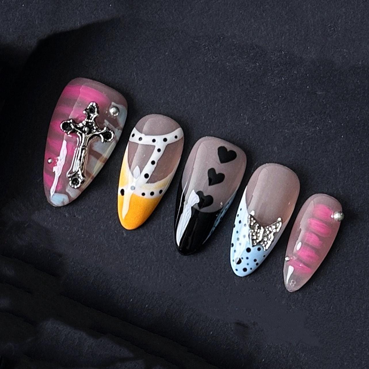 Mixed Design Press On Nails with Cross Hearts Butterfly and 3D Flower Charms Manicure press on artificial glue on faux reusable trendy nail